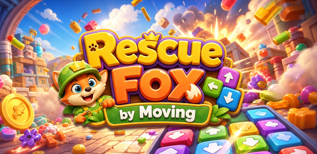 Rescue Fox by Moving game art with a fox, colorful arrow tiles, and a lively workshop